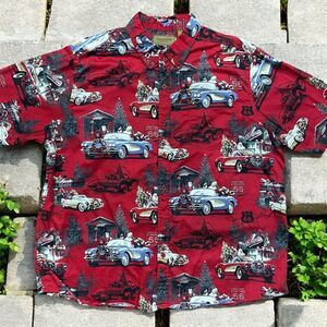 Clearwater Outfitters Vintage Santa Xmas Chevy AOP Red Button Front Shirt XXL
